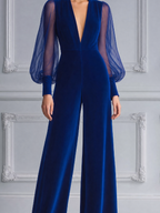 Royal Blue Fall Fashion Deep V Sheer Sleeve Wide Leg Jumpsuit