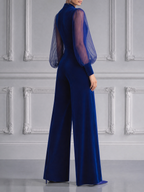 Royal Blue Fall Fashion Deep V Sheer Sleeve Wide Leg Jumpsuit