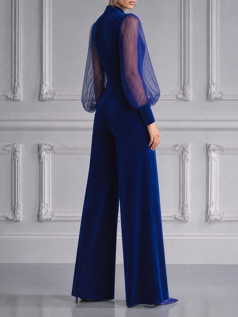 Royal Blue Fall Fashion Deep V Sheer Sleeve Wide Leg Jumpsuit