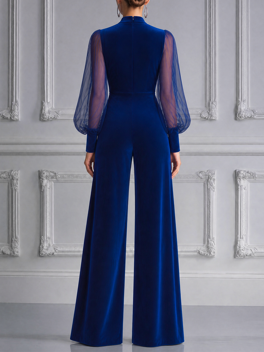 Royal Blue Fall Fashion Deep V Sheer Sleeve Wide Leg Jumpsuit