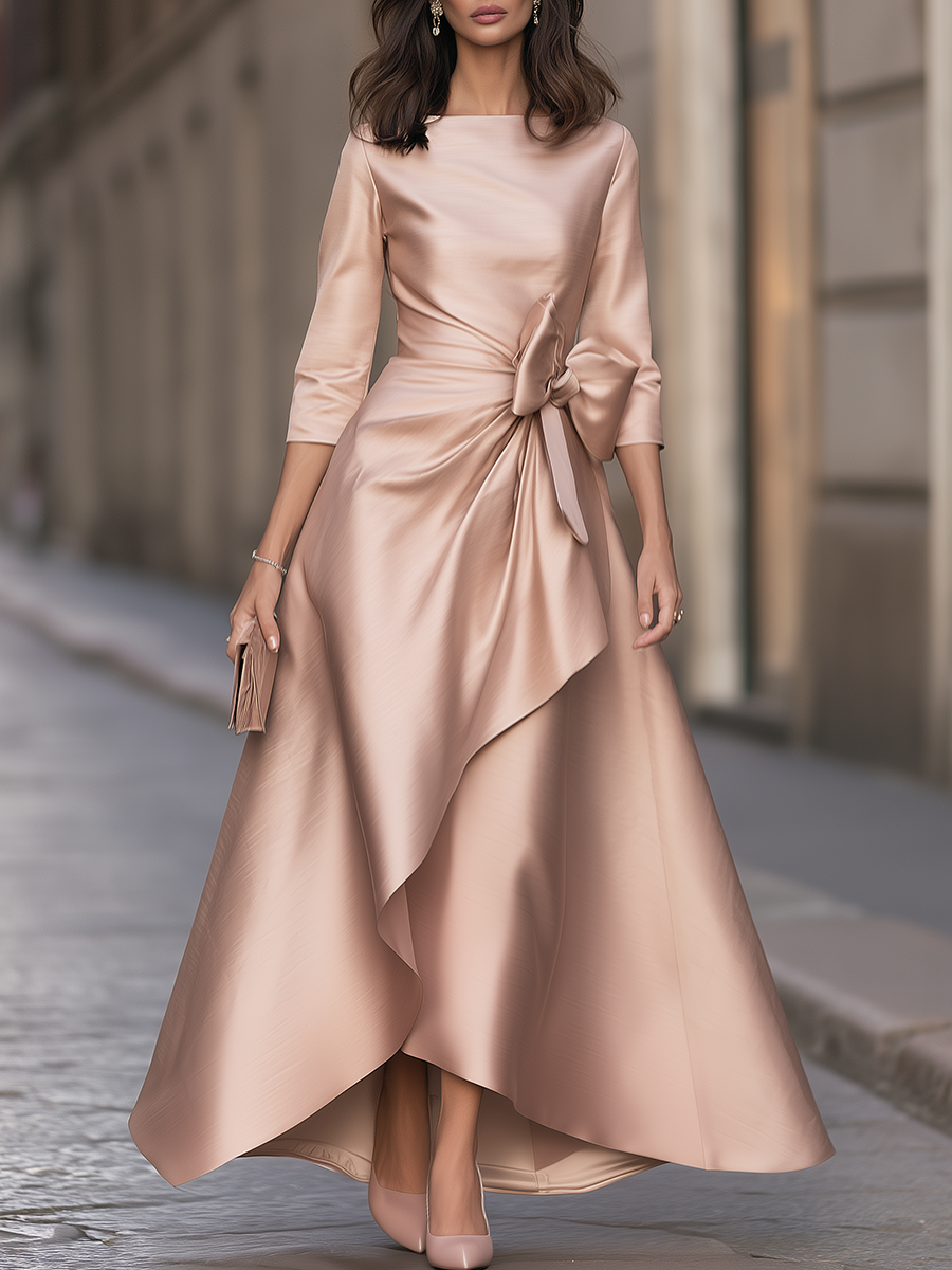 Boat-Neck Bow-Waist High-Low Maxi Dress