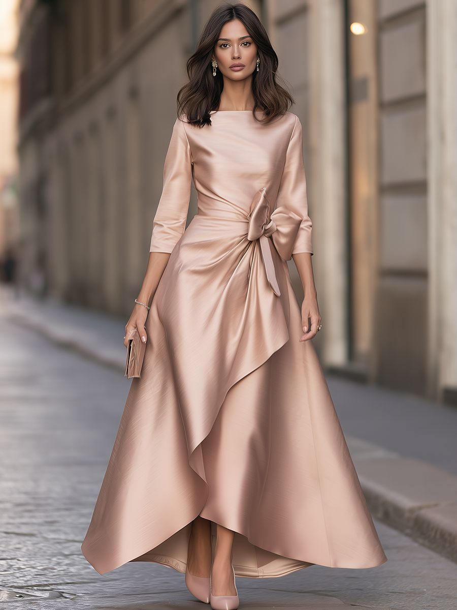 Boat-Neck Bow-Waist High-Low Maxi Dress