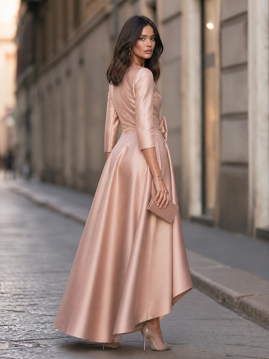 Boat-Neck Bow-Waist High-Low Maxi Dress