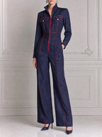 Navy Fall Fashion Pinstripe Zip Front Wide Leg Jumpsuit