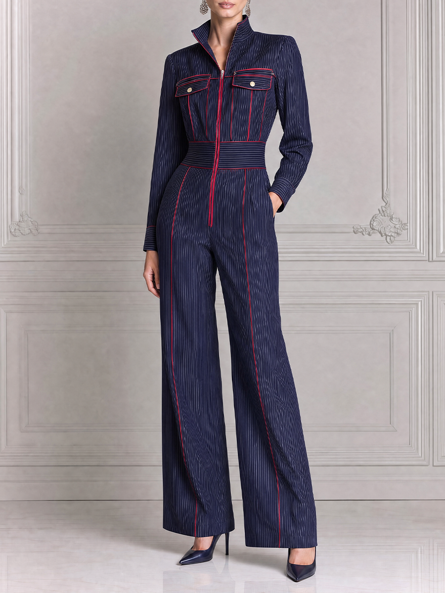 Navy Fall Fashion Pinstripe Zip Front Wide Leg Jumpsuit