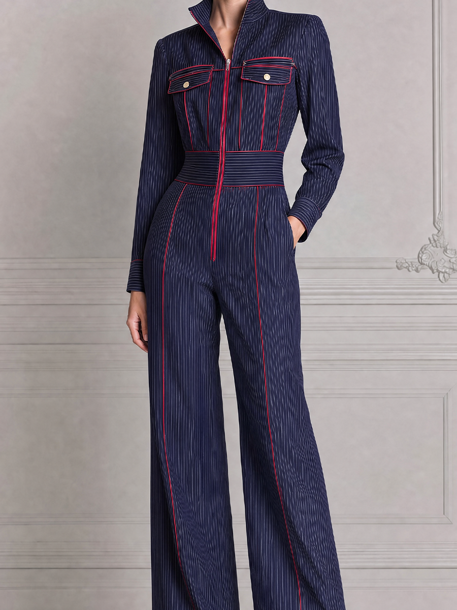 Navy Fall Fashion Pinstripe Zip Front Wide Leg Jumpsuit