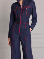 Navy Fall Fashion Pinstripe Zip Front Wide Leg Jumpsuit