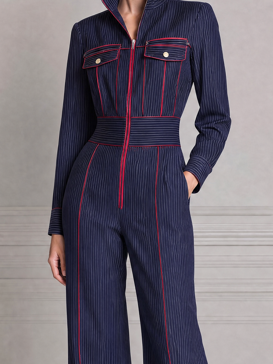 Navy Fall Fashion Pinstripe Zip Front Wide Leg Jumpsuit