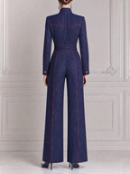 Navy Fall Fashion Pinstripe Zip Front Wide Leg Jumpsuit