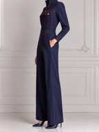 Navy Fall Fashion Pinstripe Zip Front Wide Leg Jumpsuit