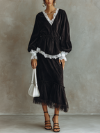 Bohemian Chocolate-colored Lace Top And Skirt Set
