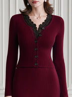 Ribbed Knit Lace-Trim Cardigan & A-Line Midi Skirt Set