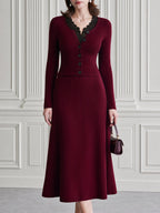 Ribbed Knit Lace-Trim Cardigan & A-Line Midi Skirt Set