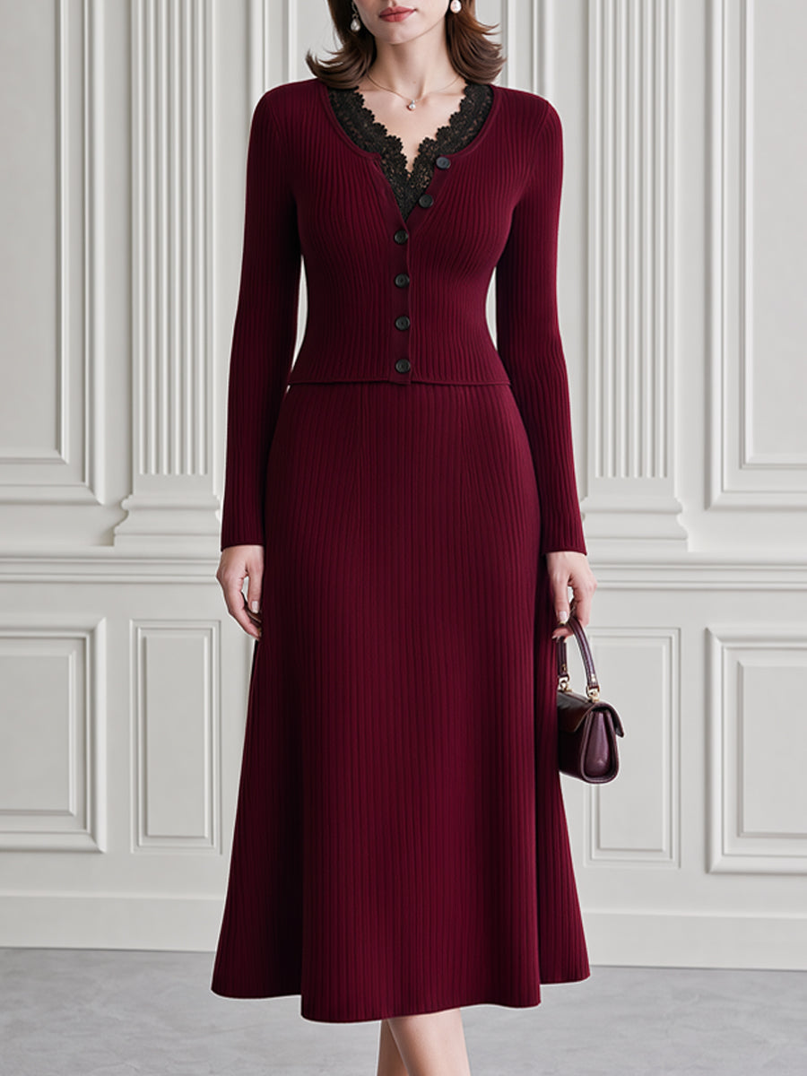 Ribbed Knit Lace-Trim Cardigan & A-Line Midi Skirt Set