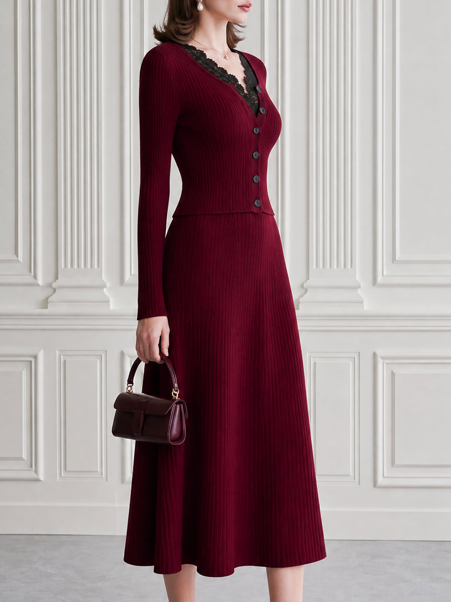 Ribbed Knit Lace-Trim Cardigan & A-Line Midi Skirt Set