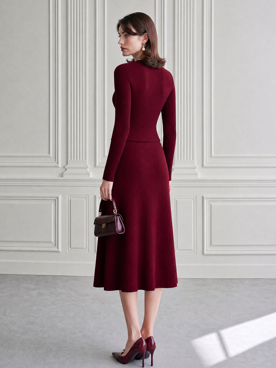 Ribbed Knit Lace-Trim Cardigan & A-Line Midi Skirt Set