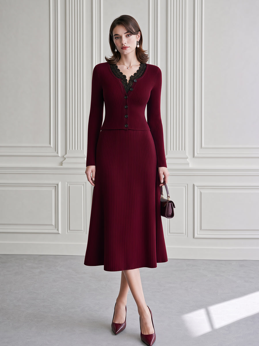 Ribbed Knit Lace-Trim Cardigan & A-Line Midi Skirt Set