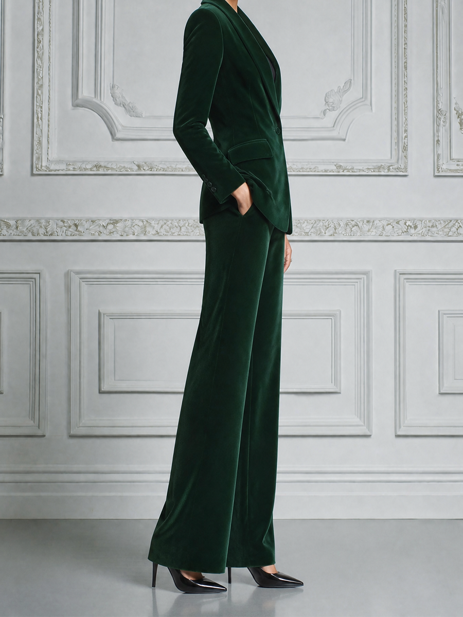 Emerald Green Fall Fashion Shawl Collar Blazer & Flare Pants Suit Set