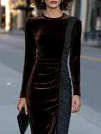 Velvet And Ruched Panel Midi Dress