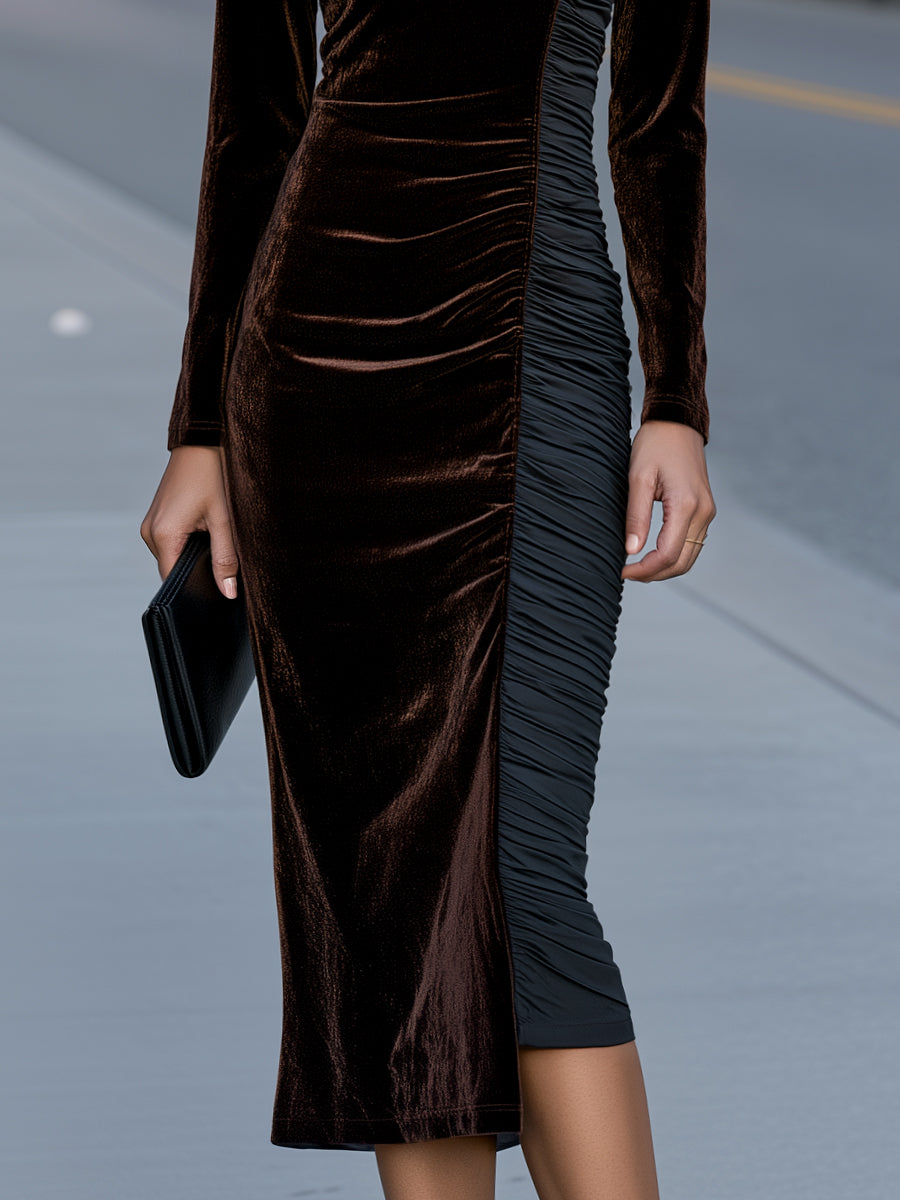 Velvet And Ruched Panel Midi Dress