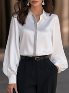 Pointed Collar Sequin Placket Satin Blouse