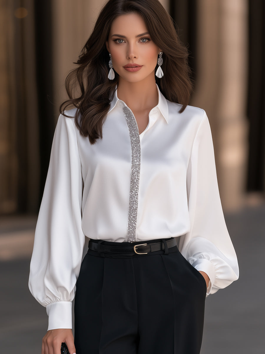 Pointed Collar Sequin Placket Satin Blouse