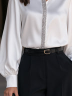 Pointed Collar Sequin Placket Satin Blouse