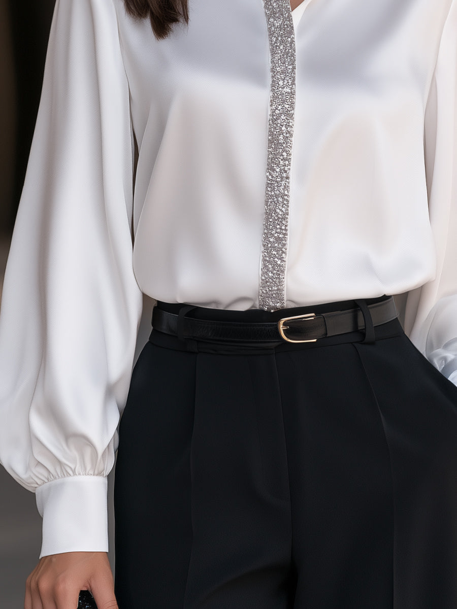 Pointed Collar Sequin Placket Satin Blouse