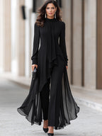 Chiffon Overlay Tunic And Tailored Wide-Leg Pants Set