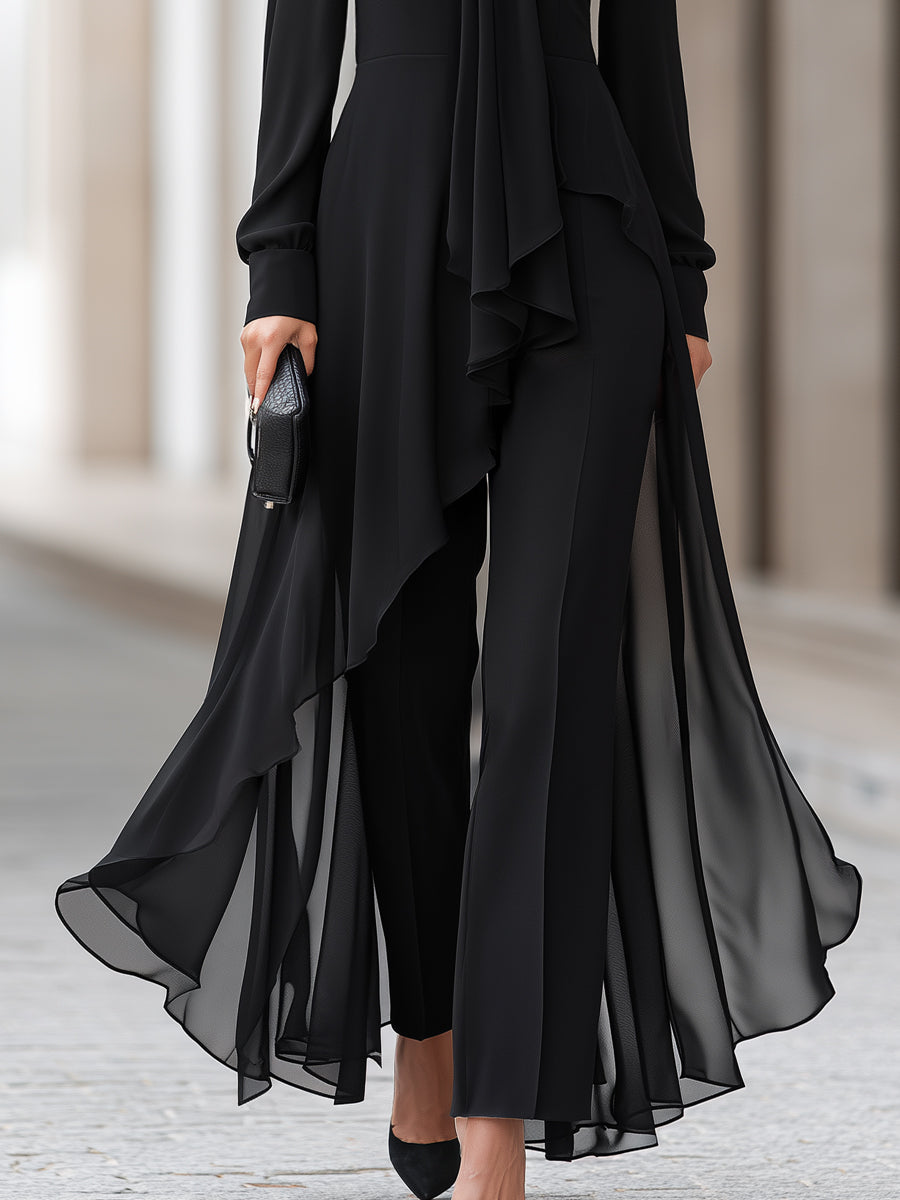 Chiffon Overlay Tunic And Tailored Wide-Leg Pants Set