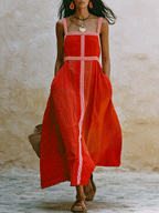 Effortless Resort Linen Contrast-Stripe Wide-Strap Tomato Red A-Line Maxi Dress