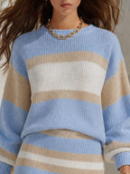 Resort-style Round Neck Long-sleeved Striped Top And Skirt Set
