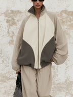 Color Block Oversized Zip-Up Track Jacket, Contrast Panel Stand Collar Loose Windbreaker Casual Outerwear