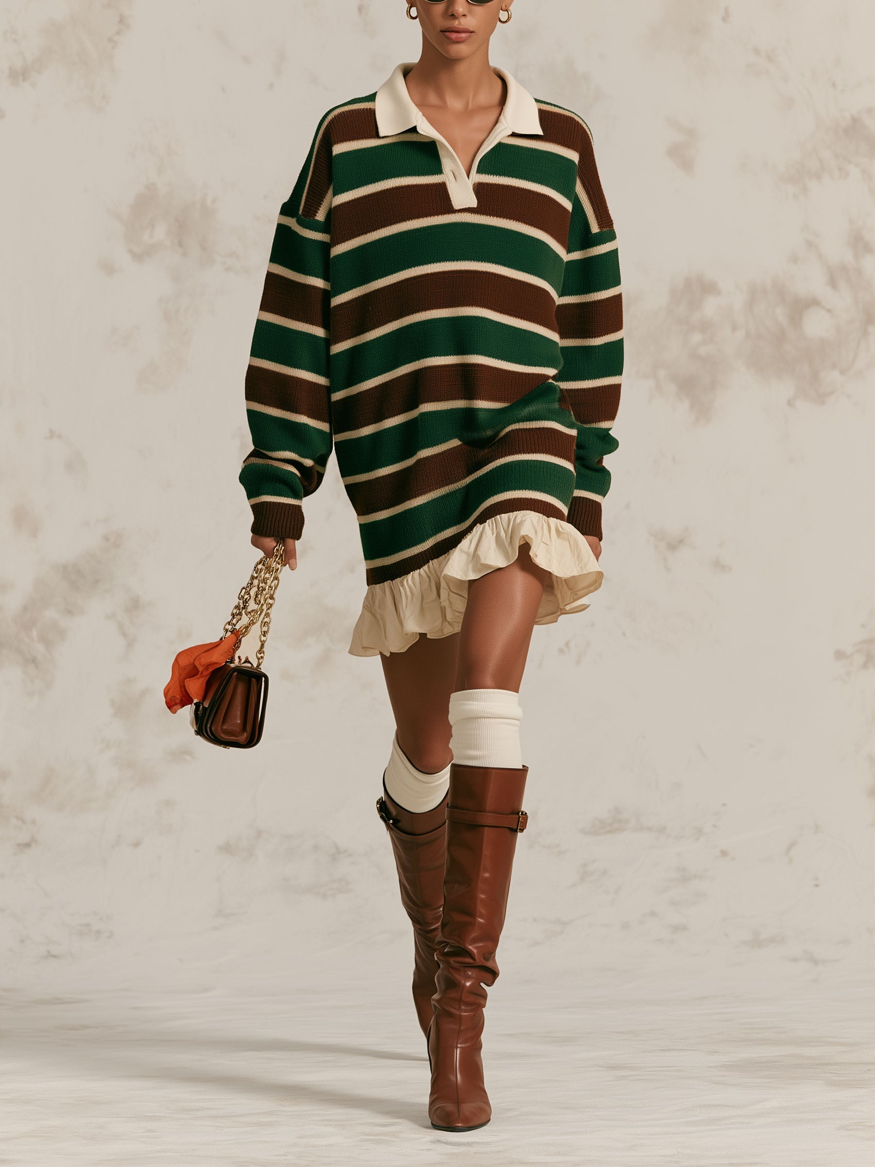 Vintage Stripe Polo Collar Knit Mini Dress, Oversized Ruffle Hem Sweater Dress