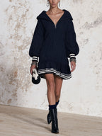 Navy Striped Zip Collar Hooded Mini Dress, Puff Sleeve Ruffle Hem Casual Luxury Dress