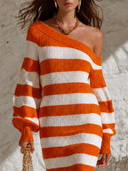 Resort-style One-shoulder Striped Lantern Long-sleeved Knitted Midi Dress