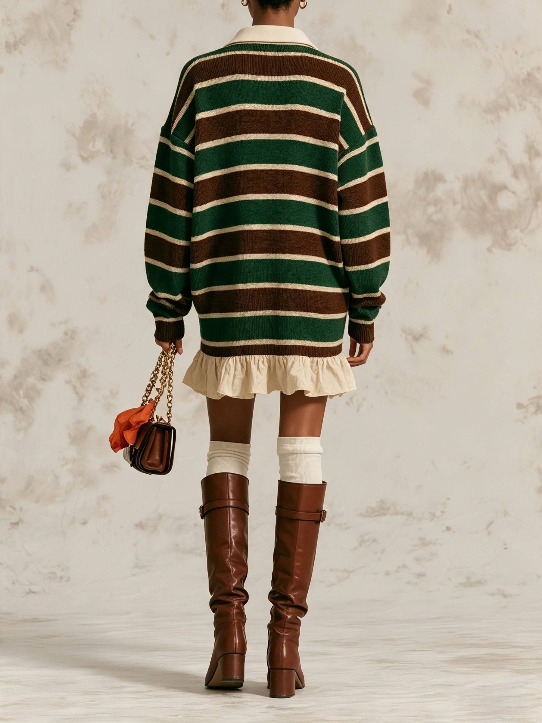 Vintage Stripe Polo Collar Knit Mini Dress, Oversized Ruffle Hem Sweater Dress