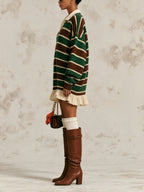 Vintage Stripe Polo Collar Knit Mini Dress, Oversized Ruffle Hem Sweater Dress