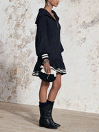 Navy Striped Zip Collar Hooded Mini Dress, Puff Sleeve Ruffle Hem Casual Luxury Dress