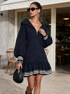 Navy Striped Zip Collar Hooded Mini Dress, Puff Sleeve Ruffle Hem Casual Luxury Dress