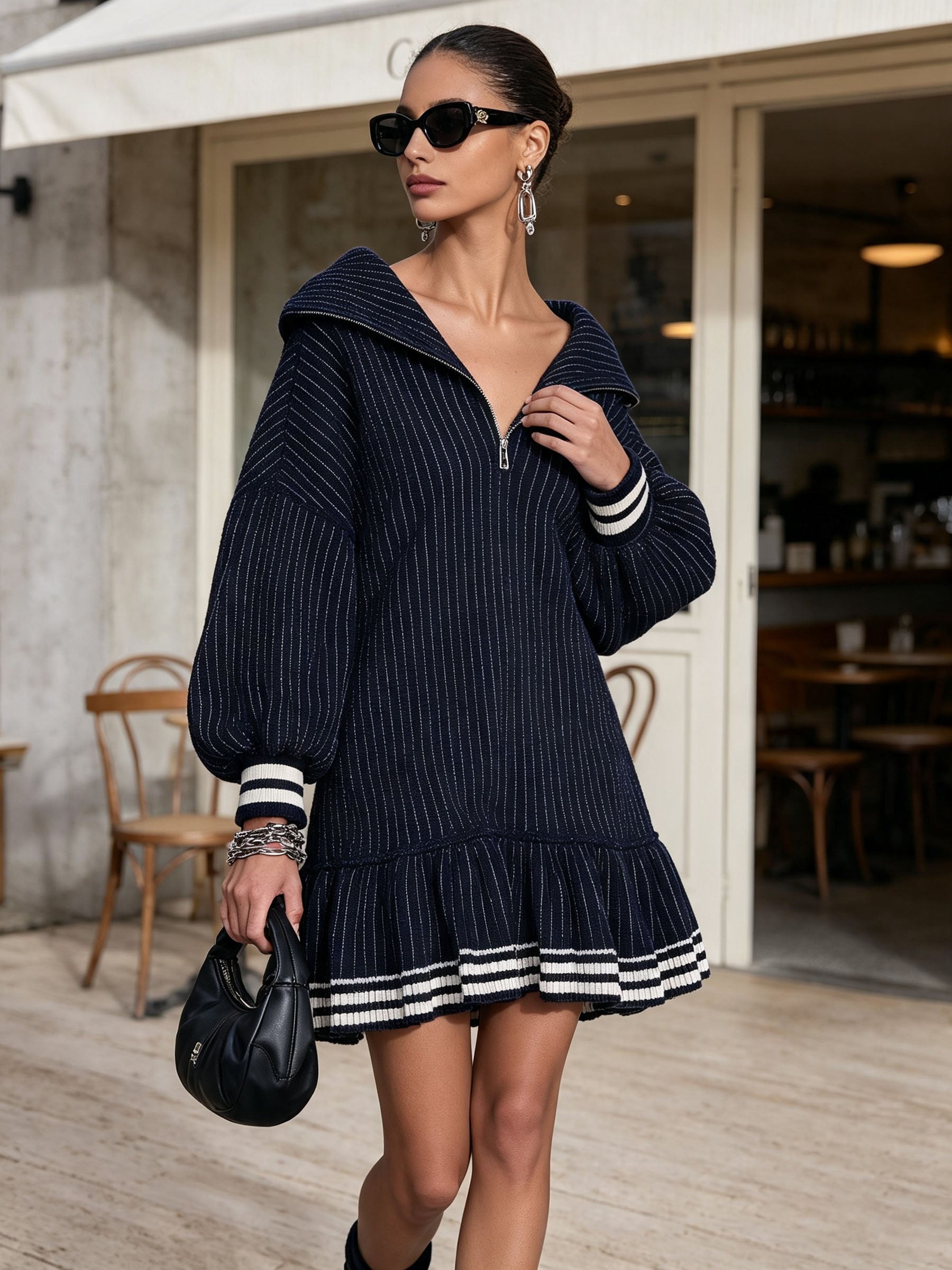 Navy Striped Zip Collar Hooded Mini Dress, Puff Sleeve Ruffle Hem Casual Luxury Dress