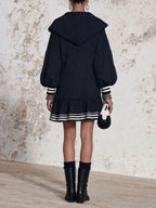 Navy Striped Zip Collar Hooded Mini Dress, Puff Sleeve Ruffle Hem Casual Luxury Dress