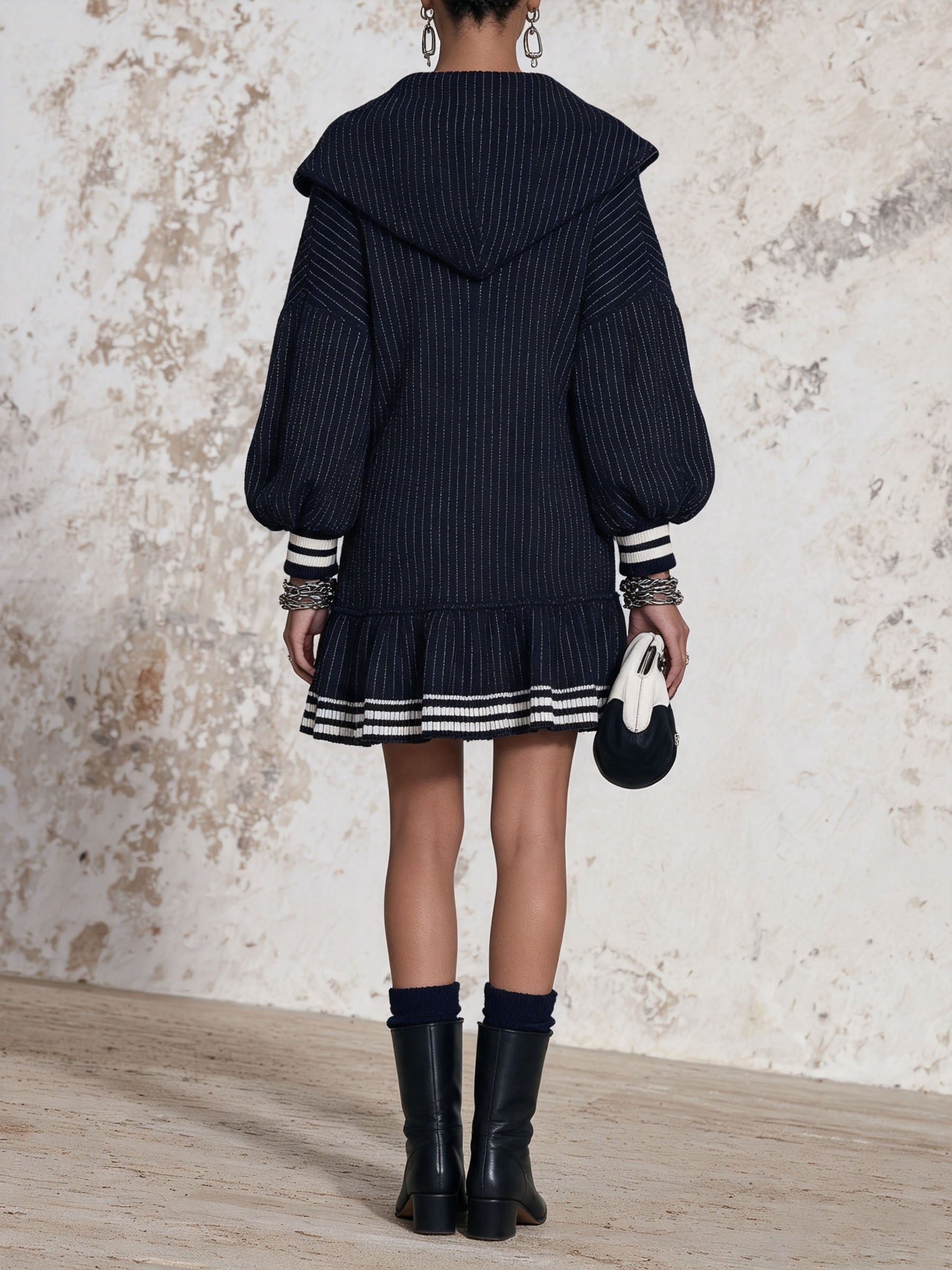 Navy Striped Zip Collar Hooded Mini Dress, Puff Sleeve Ruffle Hem Casual Luxury Dress