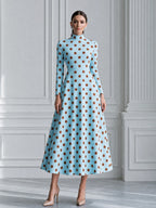 Sky Blue Brown Polka Dot High-Neck A-Line Midi Dress