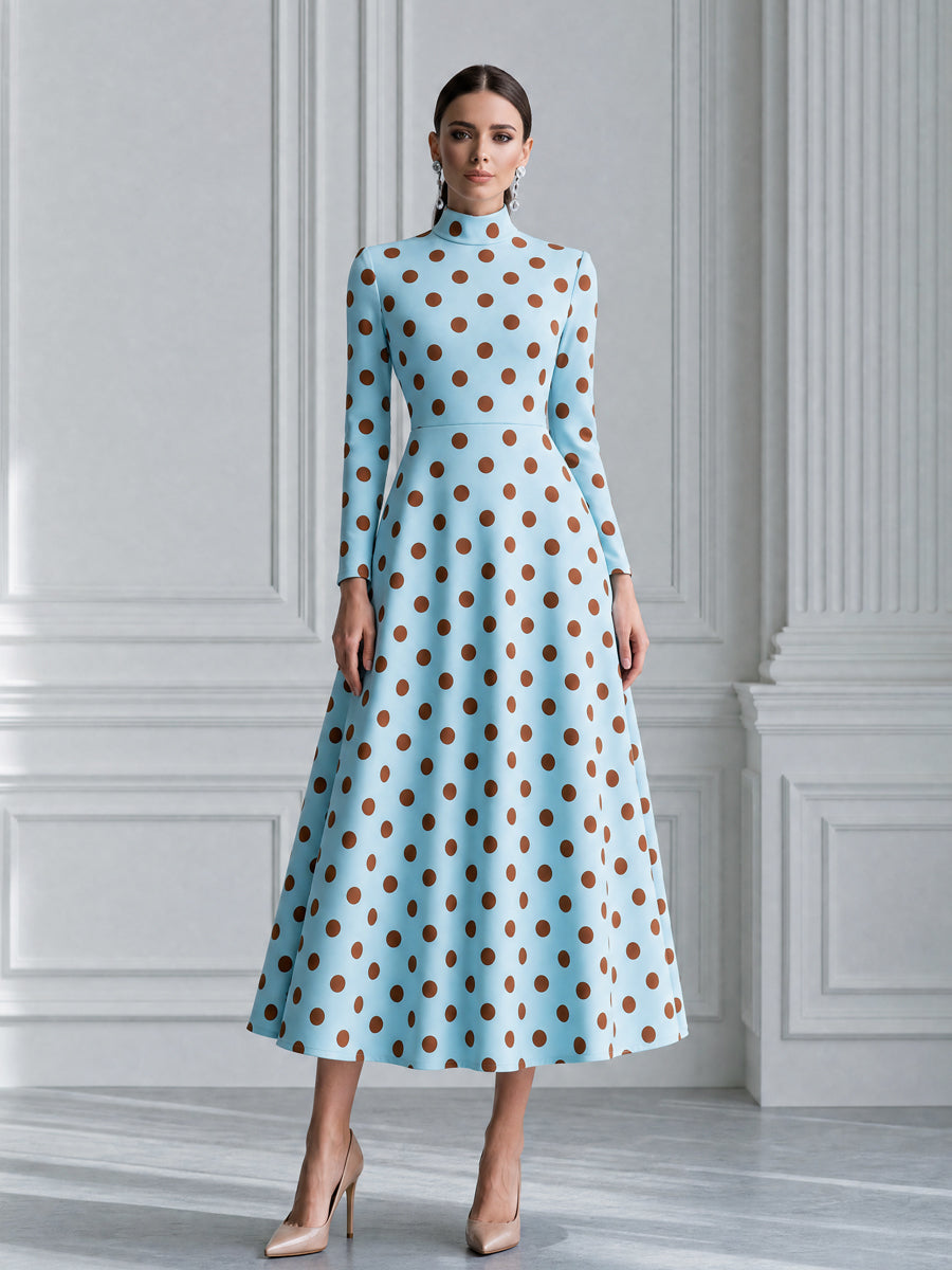 Sky Blue Brown Polka Dot High-Neck A-Line Midi Dress