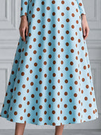 Sky Blue Brown Polka Dot High-Neck A-Line Midi Dress