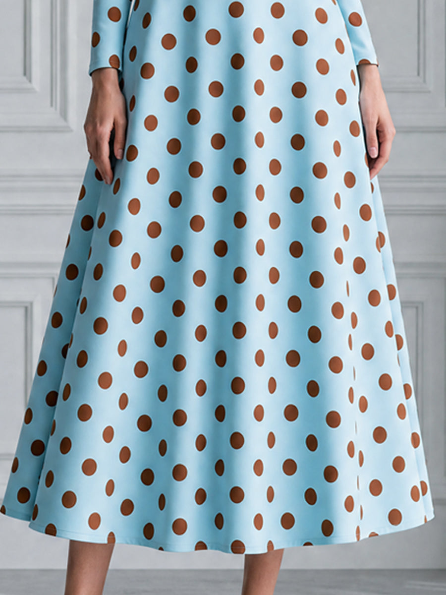 Sky Blue Brown Polka Dot High-Neck A-Line Midi Dress