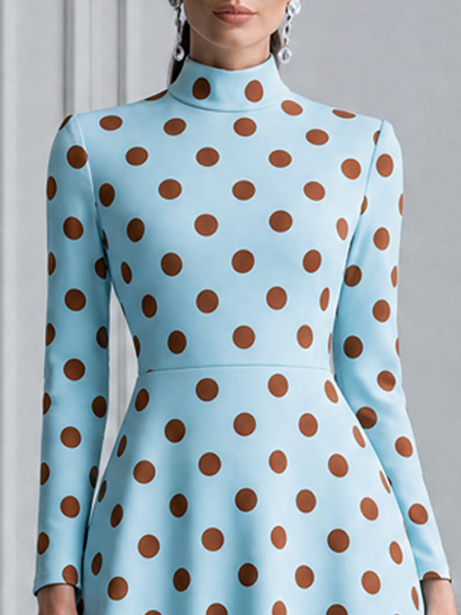 Sky Blue Brown Polka Dot High-Neck A-Line Midi Dress