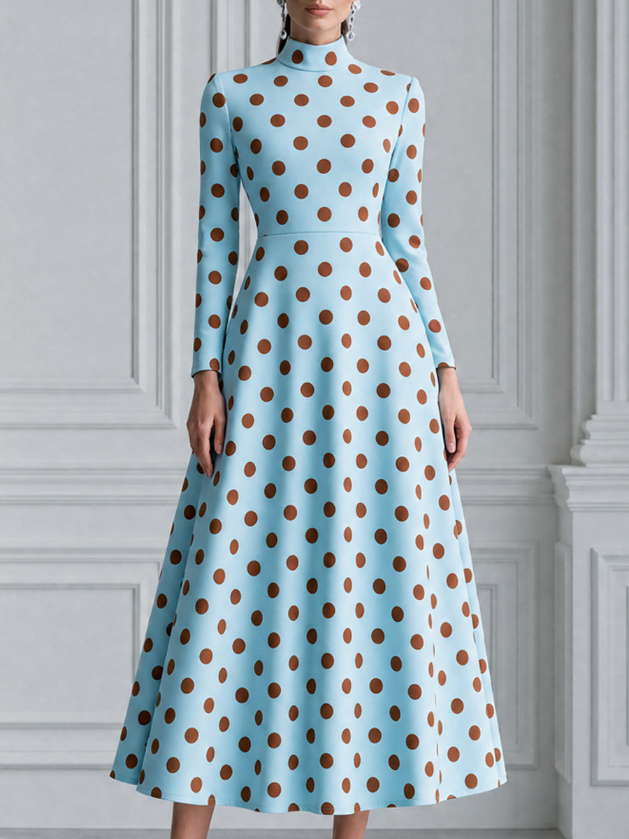Sky Blue Brown Polka Dot High-Neck A-Line Midi Dress