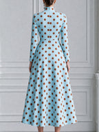 Sky Blue Brown Polka Dot High-Neck A-Line Midi Dress